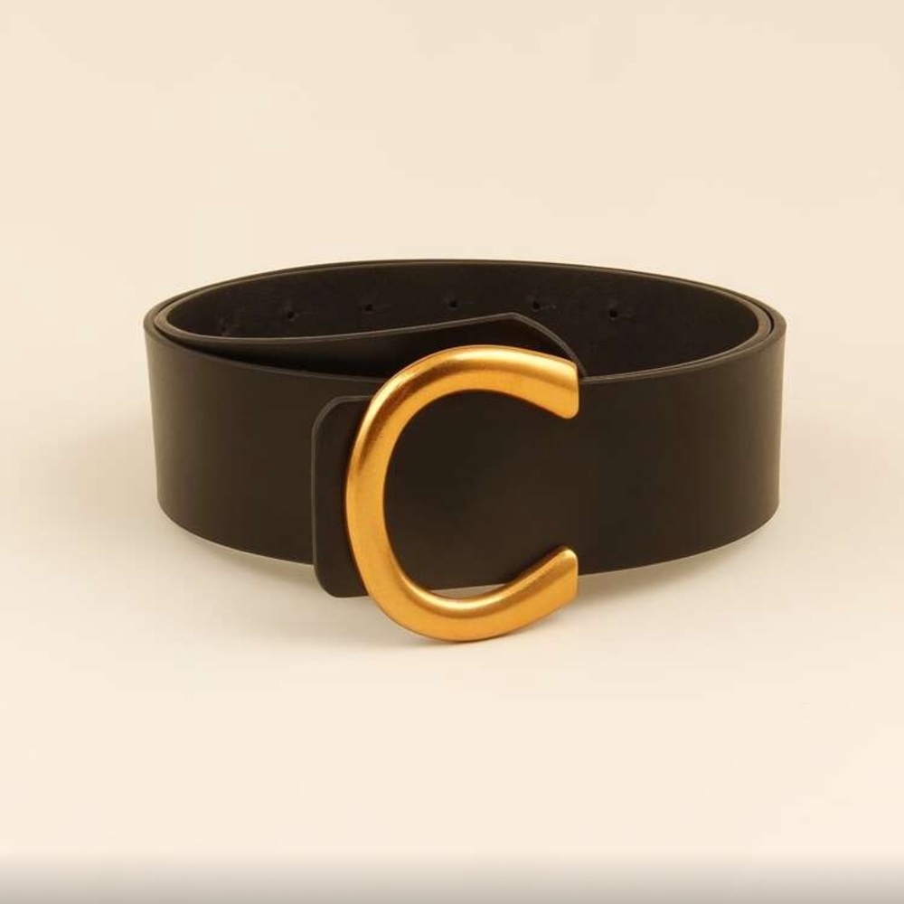 Elegant Vegan Leather Black and Gold  Wide Women's Minimalist Belt - Picture 8 of 9